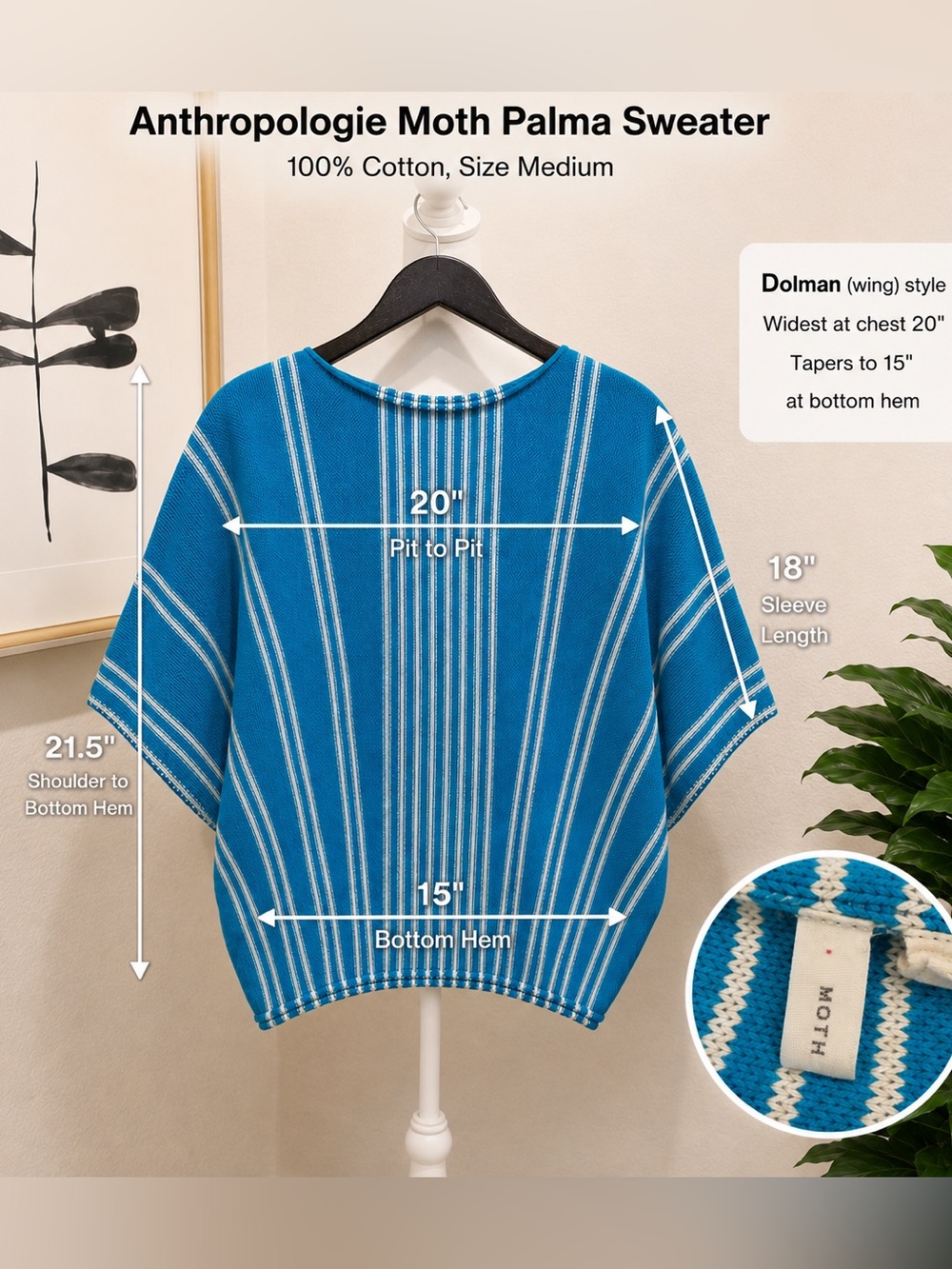 Anthropologie Moth Palma Striped Boatneck Dolman Sweater Ciel Turquoise M - Picture 3 of 6